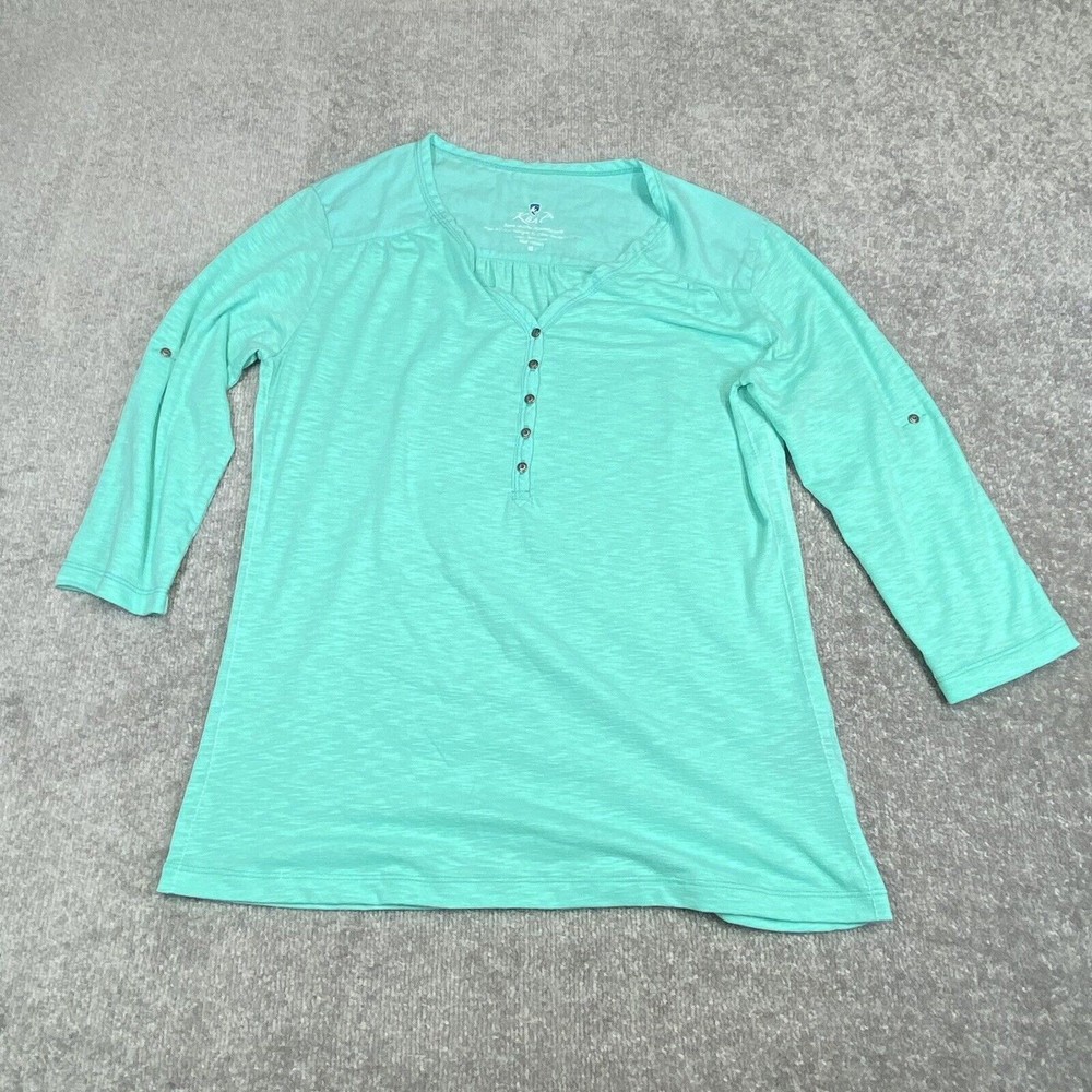 Kuhl Shirt Womens Medium Green Popover 3/4 Roll Tab Sleeve Buttons Top